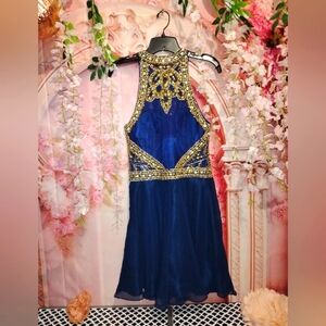 Alyce Paris Blue and Gold Prom Dress